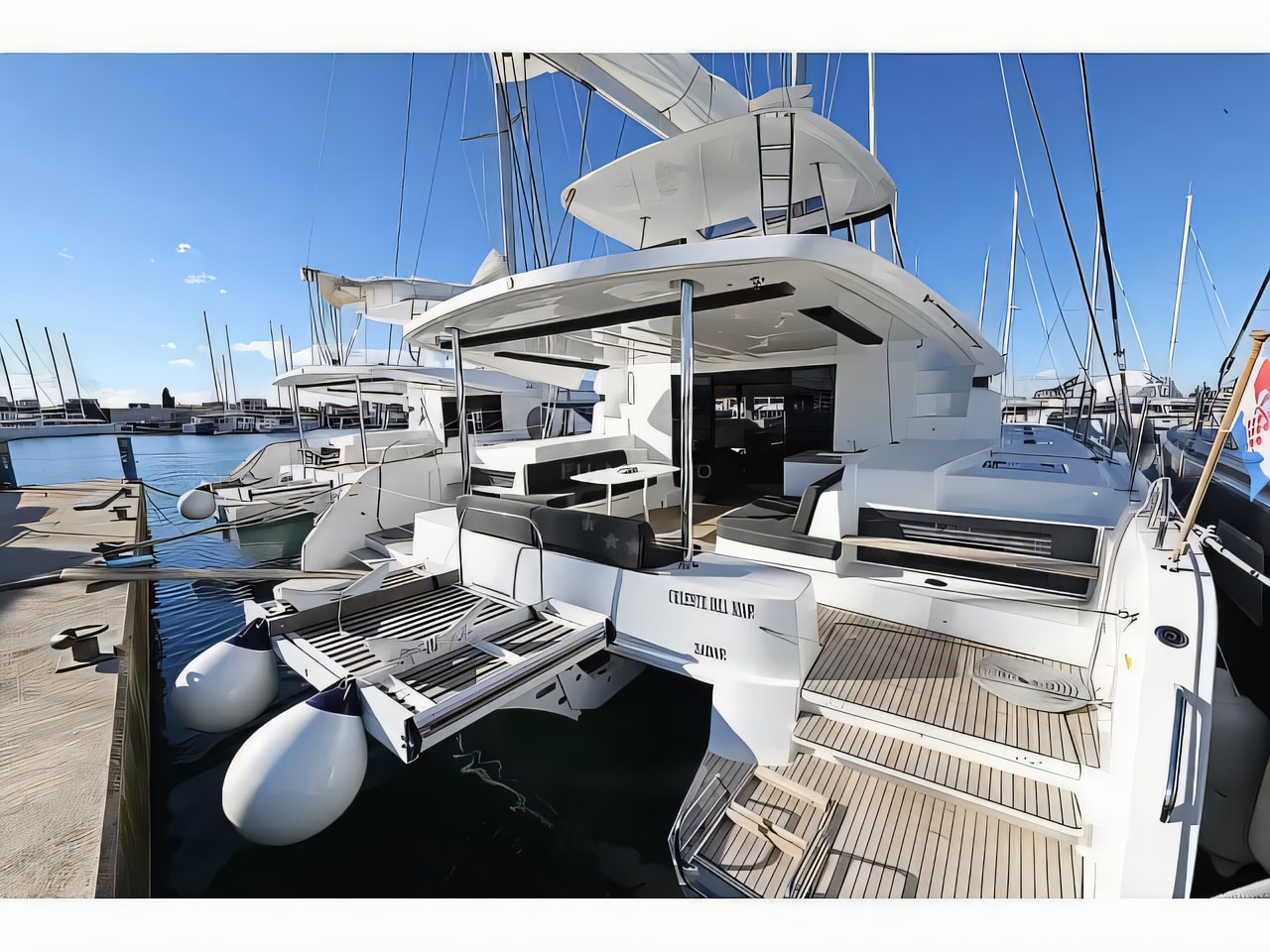 Exterior overview of Lagoon 50 catamaran for charter from Sukosan Marina Dalmacija in the Zadar sailing area Croatia