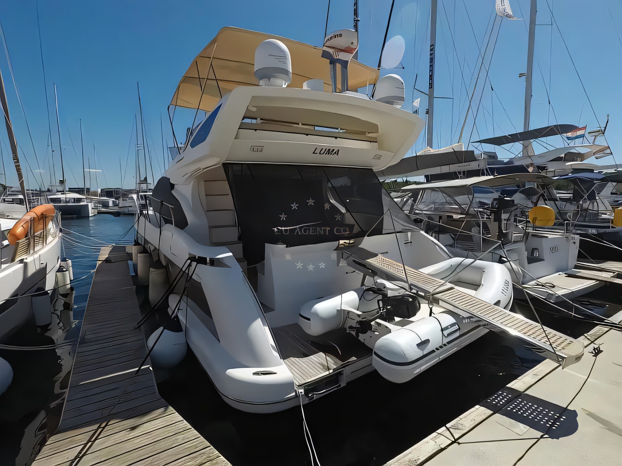 Exterior overview of Azimut 47 Fly motoryacht for charter from Sibenik Marina Mandalina in the Sibenik sailing area Croatia