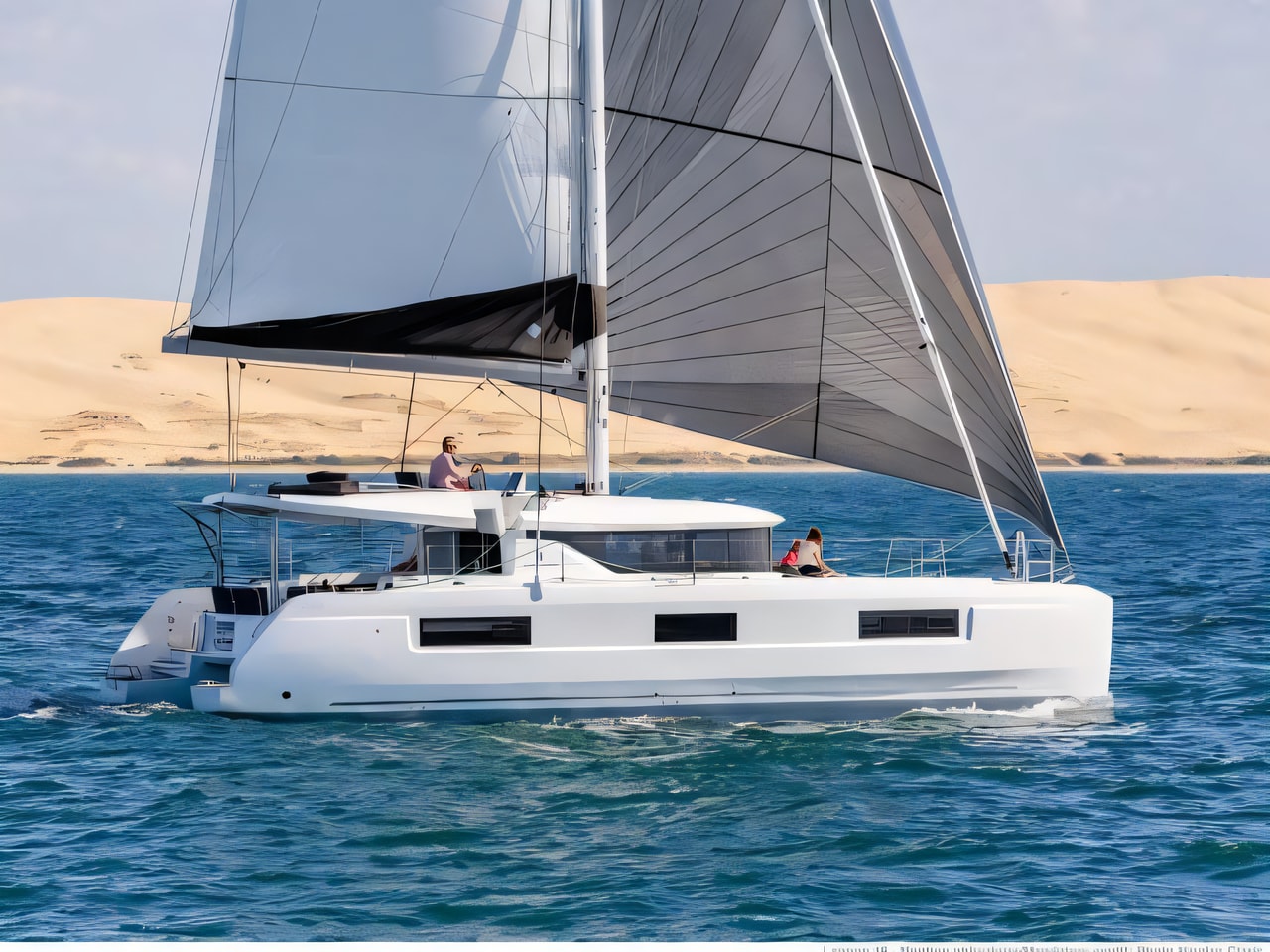 Exterior overview of Lagoon 46 powered by GIN HVAR equipped with generator, A / C (saloon+cabins), ice maker, dishwasher, 2 electric scooter, knee board, 2 SUP, SUP windsurf, donut, snorkelling equipment catamaran for charter from Rogoznica Marina Frapa in the Split sailing area Croatia