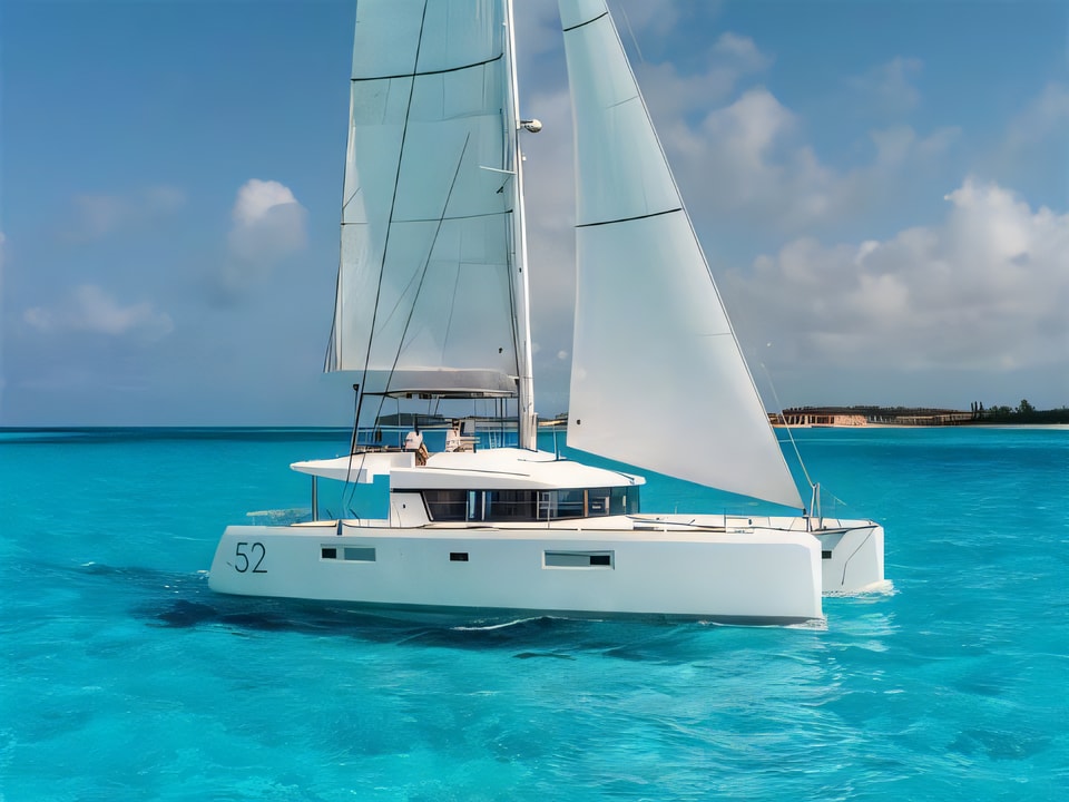 Exterior overview of Lagoon 52 - BAREBOAT - hostess included in price, equipped with generator, A / C (saloon+cabins), water maker, ice maker, underwater lights, 2 X S.U.P. , kayak, water ski, 8 snorkel. sets catamaran for charter from Split Marina Mornar in the Split sailing area Croatia
