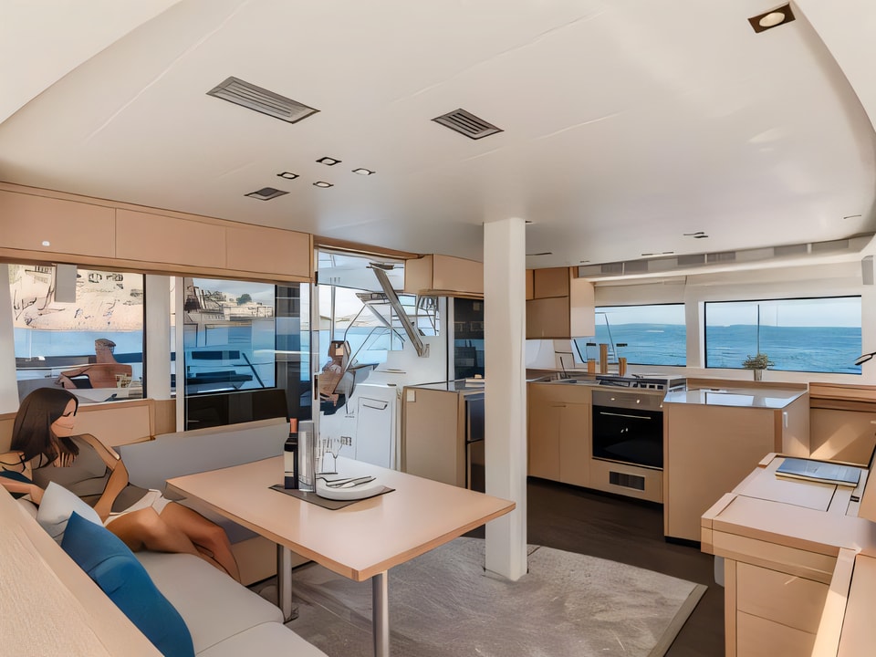 Interior of Lagoon 52 - BAREBOAT - hostess included in price, equipped with generator, A / C (saloon+cabins), water maker, ice maker, underwater lights, 2 X S.U.P. , kayak, water ski, 8 snorkel. sets catamaran with 5 cabins Croatia yacht charter