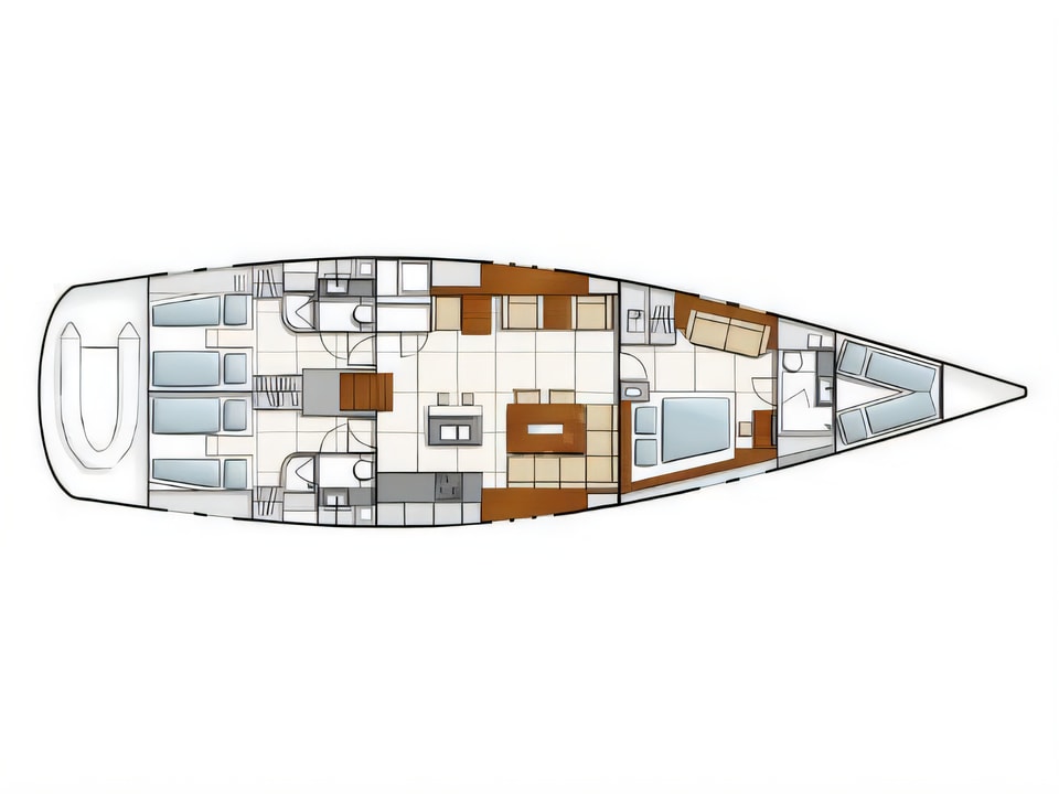 Layout of Hanse 630 sail boat with 3 cabins Croatia yacht charter