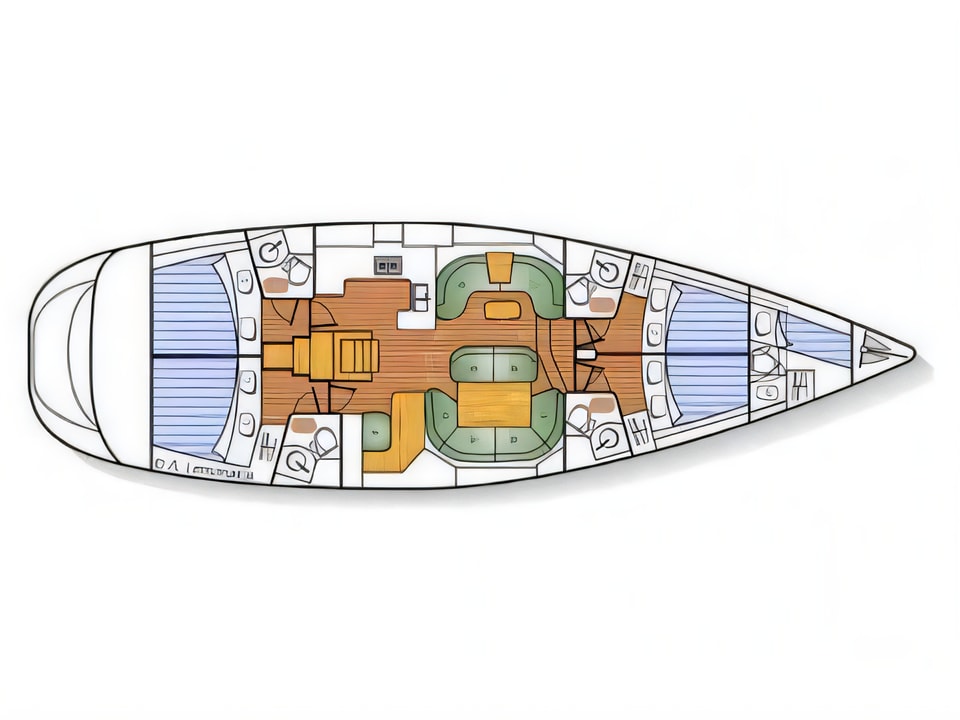 Layout of Sun Odyssey 54DS sail boat with 5 cabins Croatia yacht charter