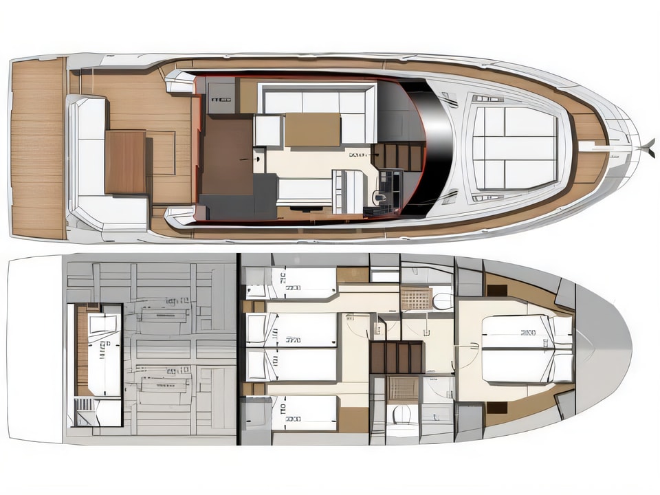 Layout of Prestige 460 motoryacht with 3 cabins Croatia yacht charter