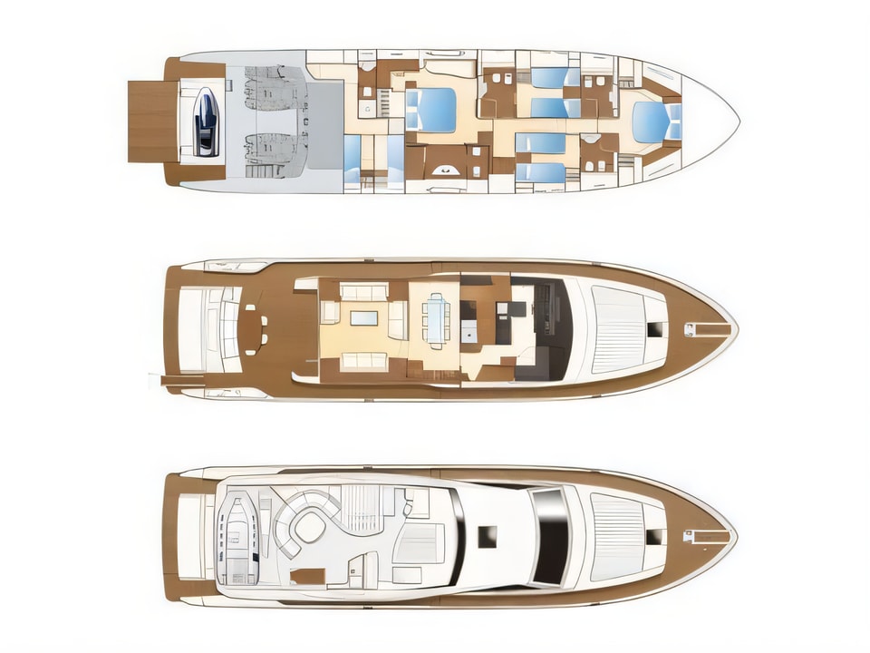 Layout of Ferretti 780 motoryacht with 4 cabins Croatia yacht charter