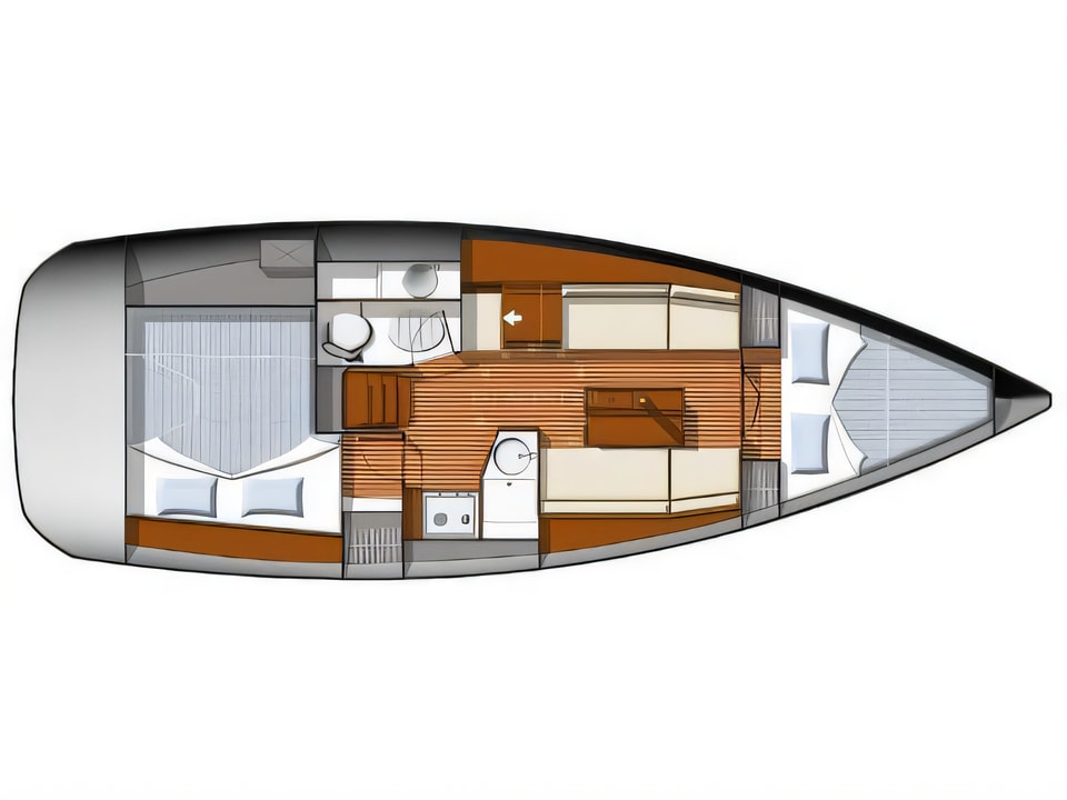 Layout of Sun Odyssey 33i sail boat with 2 cabins Croatia yacht charter