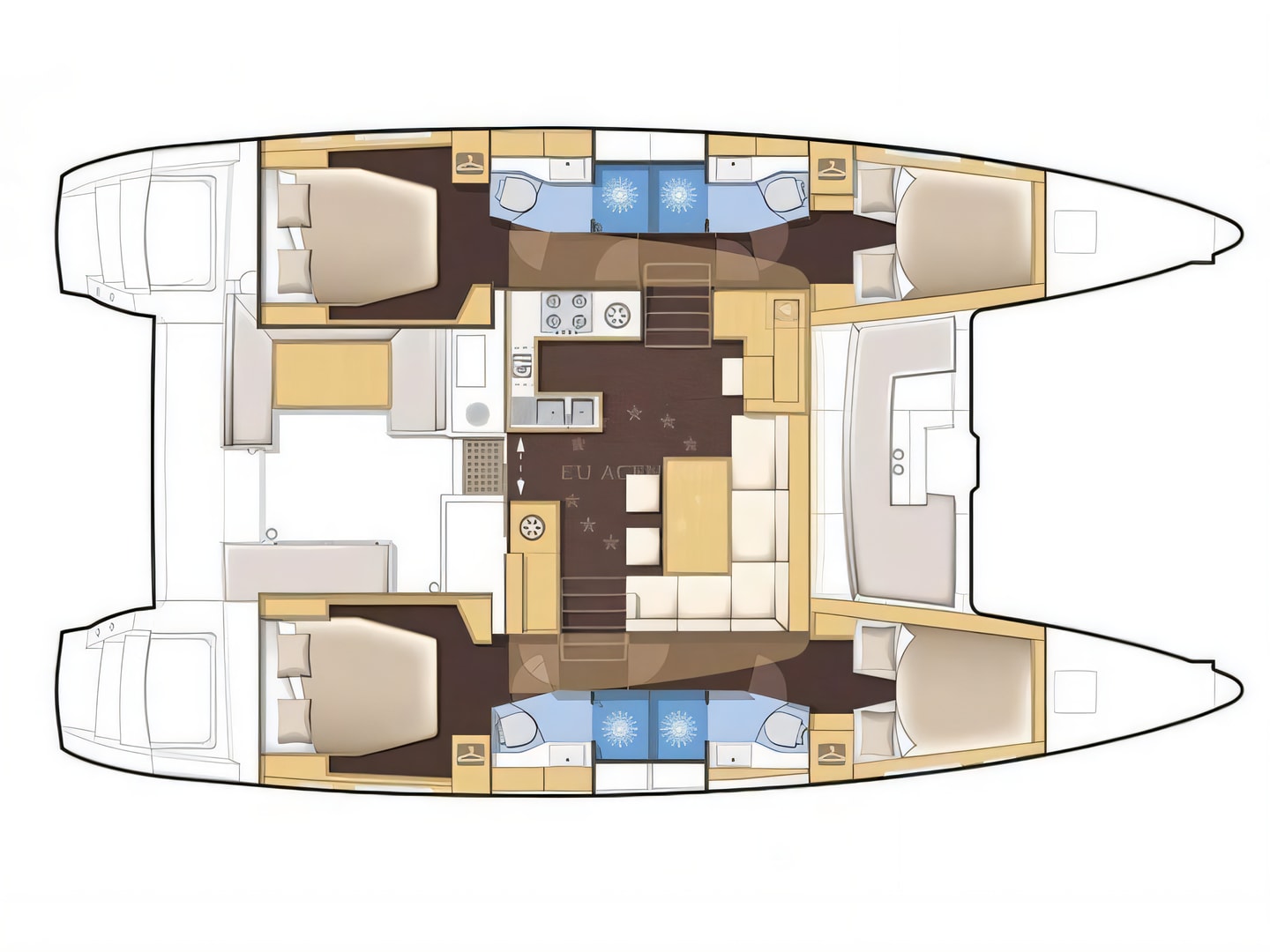 Layout of Lagoon 450 catamaran with 6 cabins Croatia yacht charter