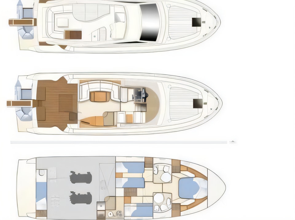 Layout of Ferretti 460 motoryacht with 3 cabins Croatia yacht charter