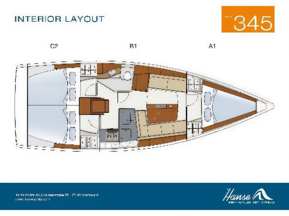 Layout of Hanse 345 sail boat with 3 cabins Croatia yacht charter