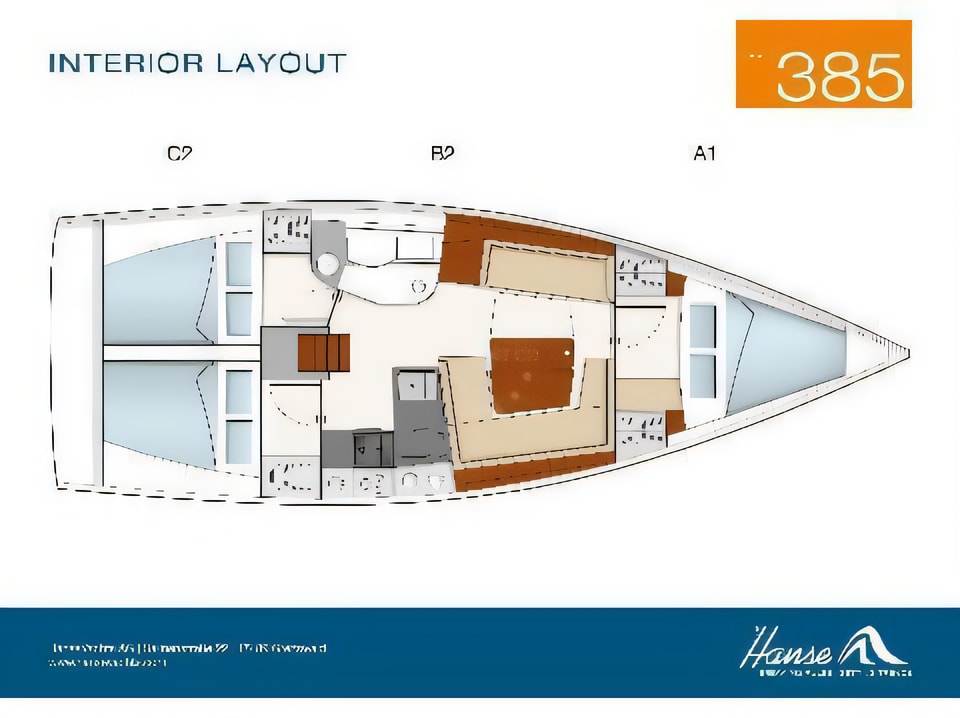 Layout of Hanse 385 sail boat with 3 cabins Croatia yacht charter