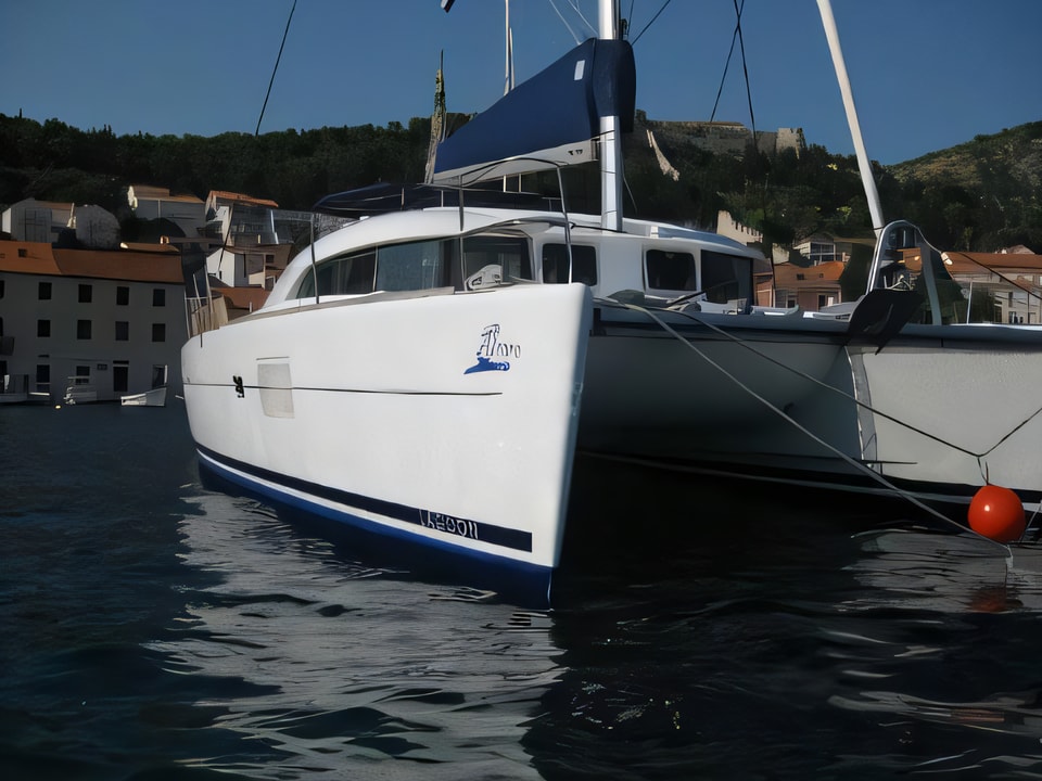 Exterior overview of Lagoon 380 S2 Premium catamaran for charter from Sibenik Marina Mandalina in the Sibenik sailing area Croatia