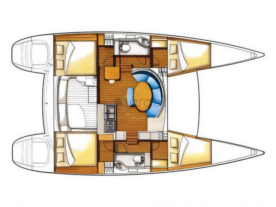 Layout of Lagoon 380 S2 Premium catamaran with 4 cabins Croatia yacht charter
