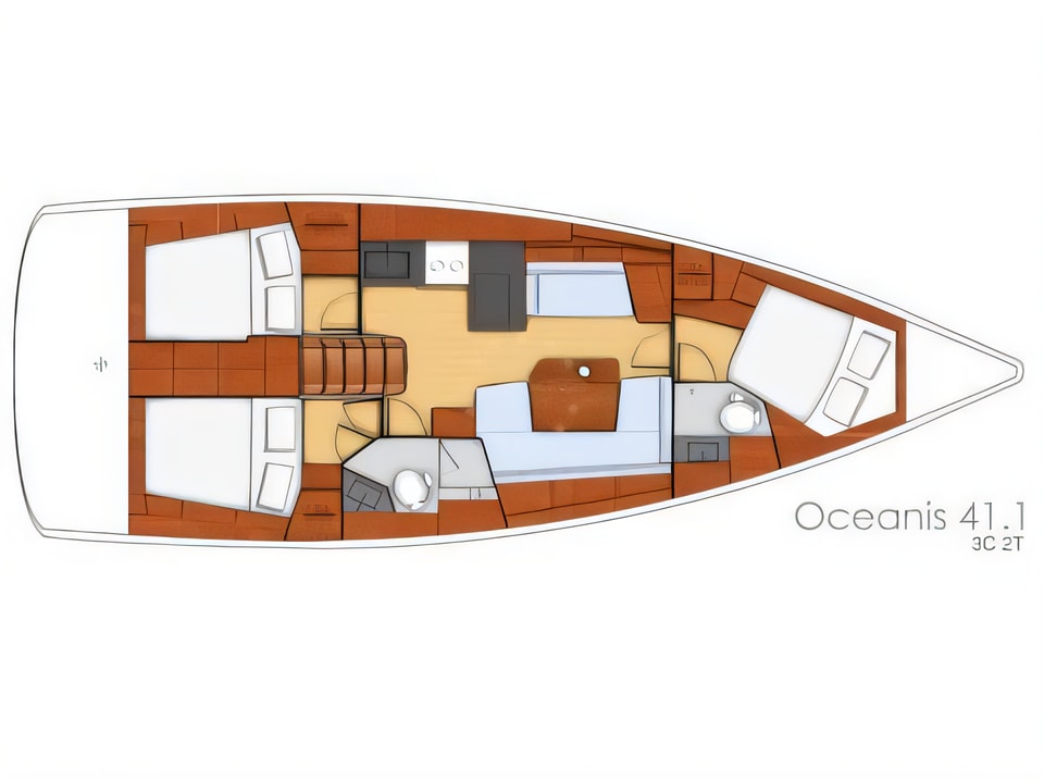 Layout of Oceanis 41.1 sail boat with 3 cabins Croatia yacht charter