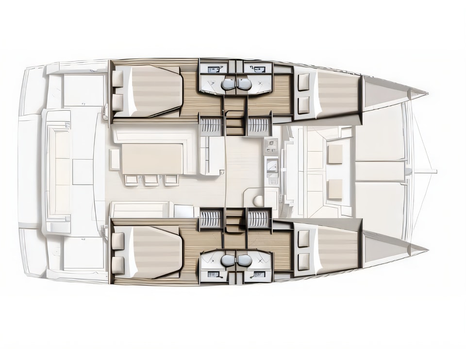 Layout of Bali 4.1 catamaran with 4 cabins Croatia yacht charter