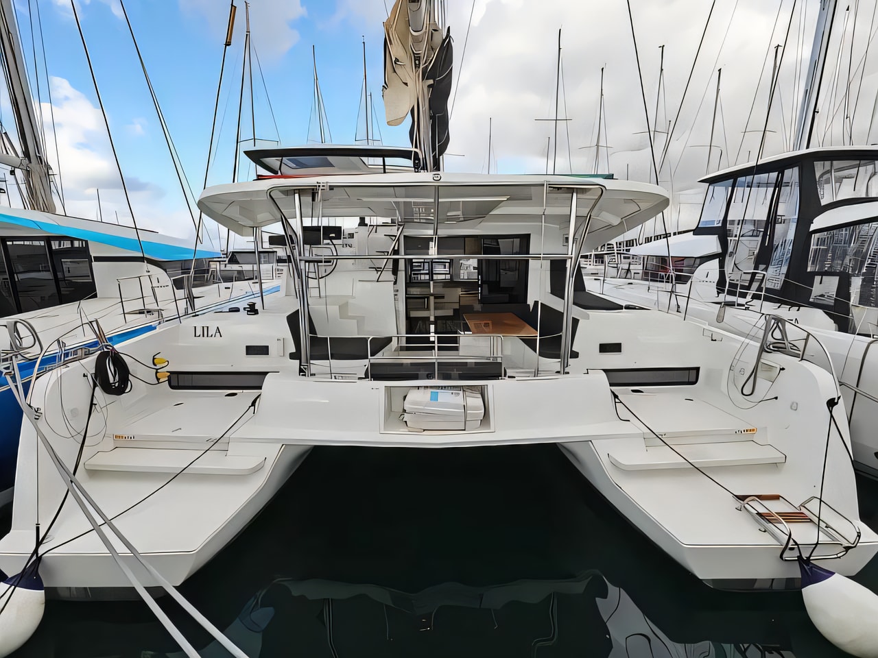 Exterior overview of Lagoon 42 catamaran for charter from Sukosan Marina Dalmacija in the Zadar sailing area Croatia