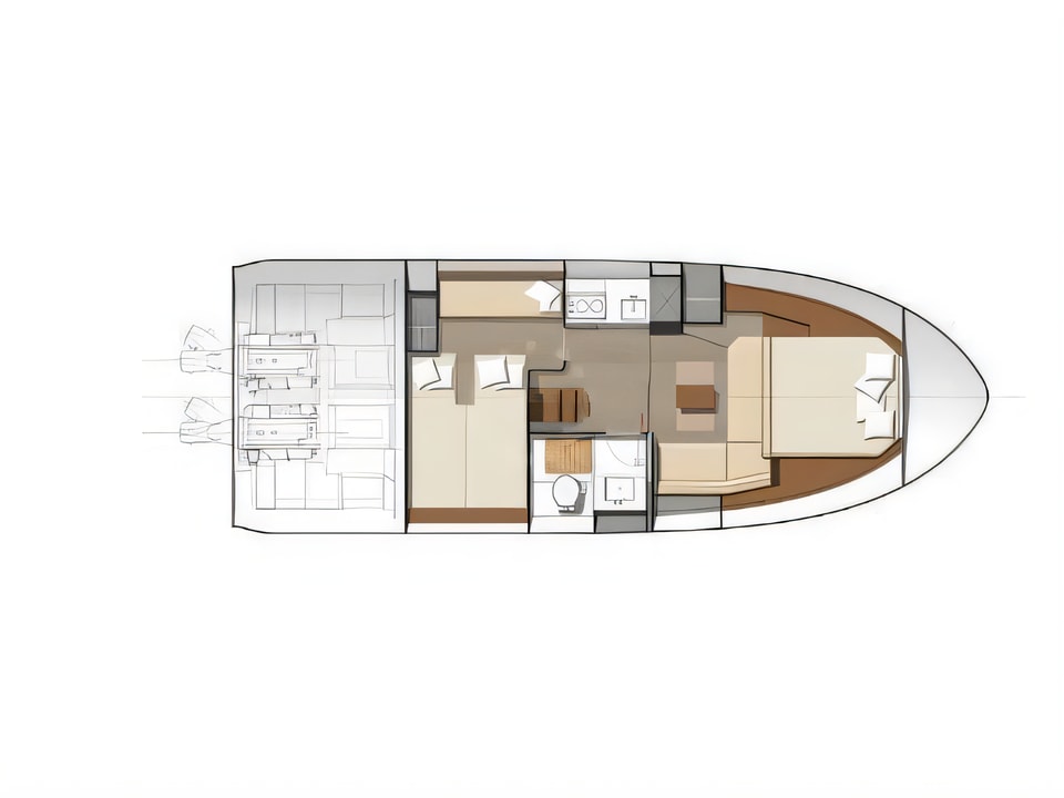 Layout of Jeanneau Leader 36 motor boat with 2 cabins Croatia yacht charter