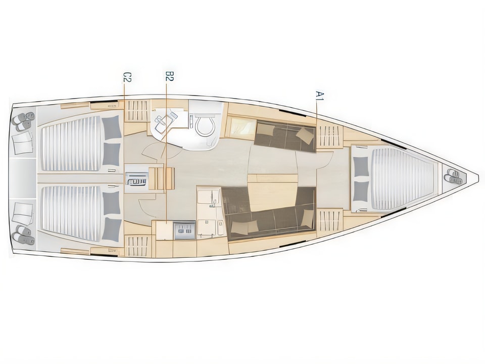 Layout of Hanse 388 sail boat with 3 cabins Croatia yacht charter