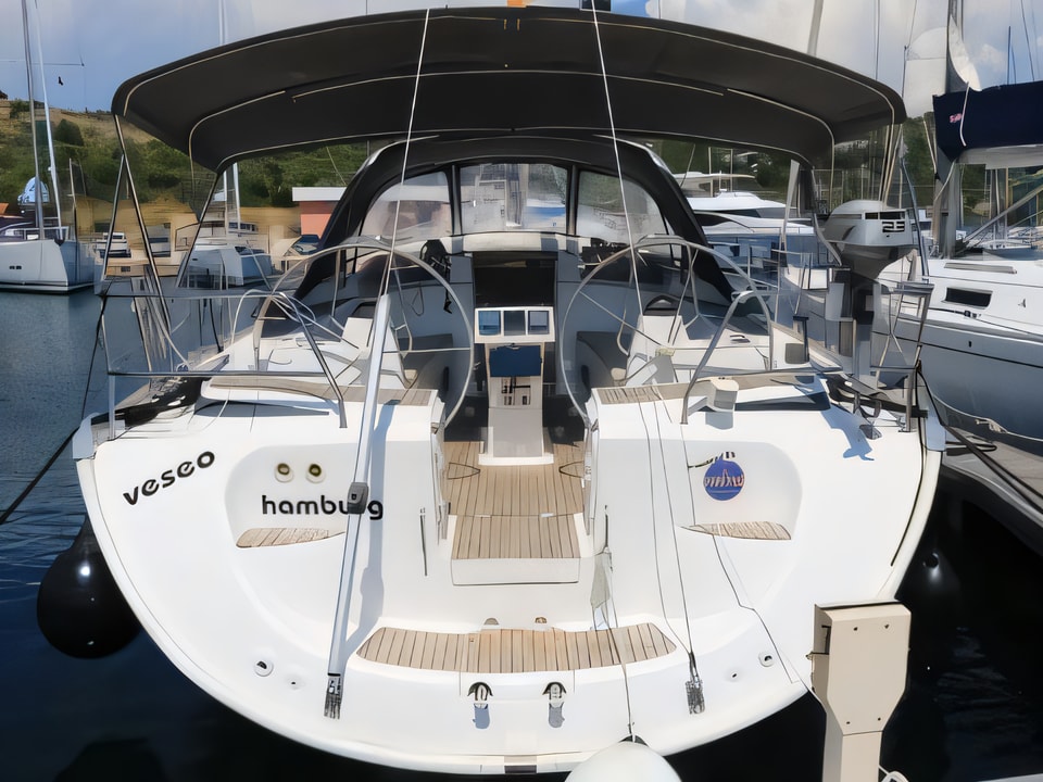 Exterior overview of Bavaria 46 Cruiser Veritas edition sail boat for charter from Vodice ACI Marina in the Sibenik sailing area Croatia
