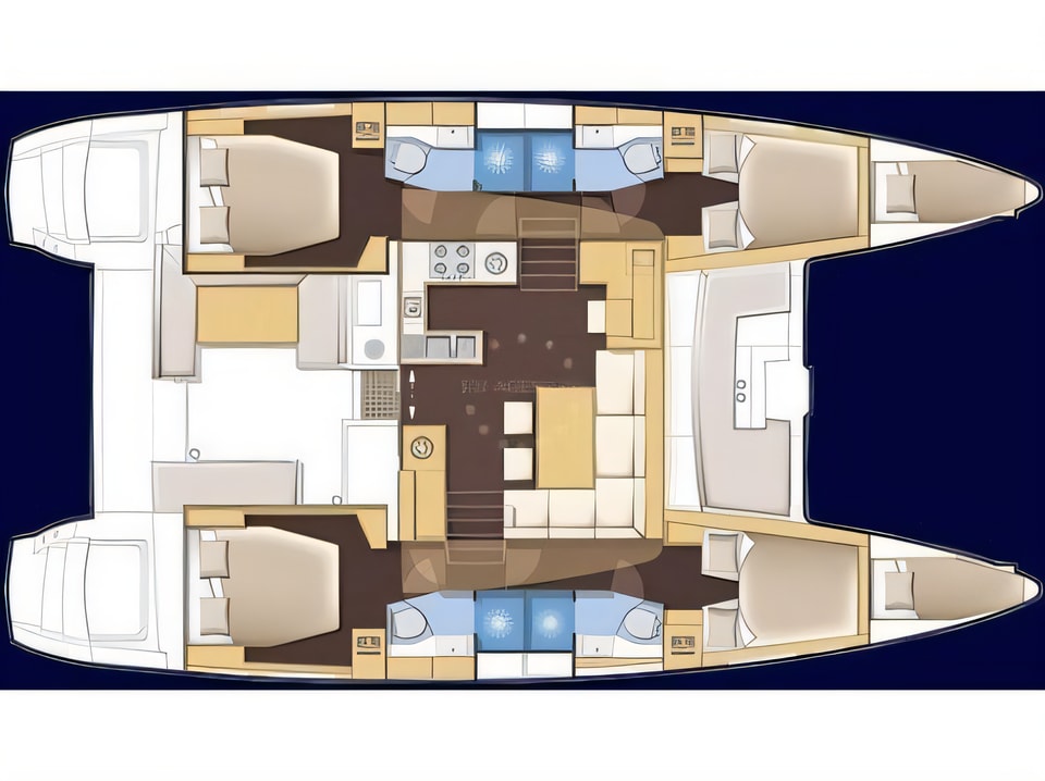 Layout of Lagoon 450 catamaran with 6 cabins Croatia yacht charter