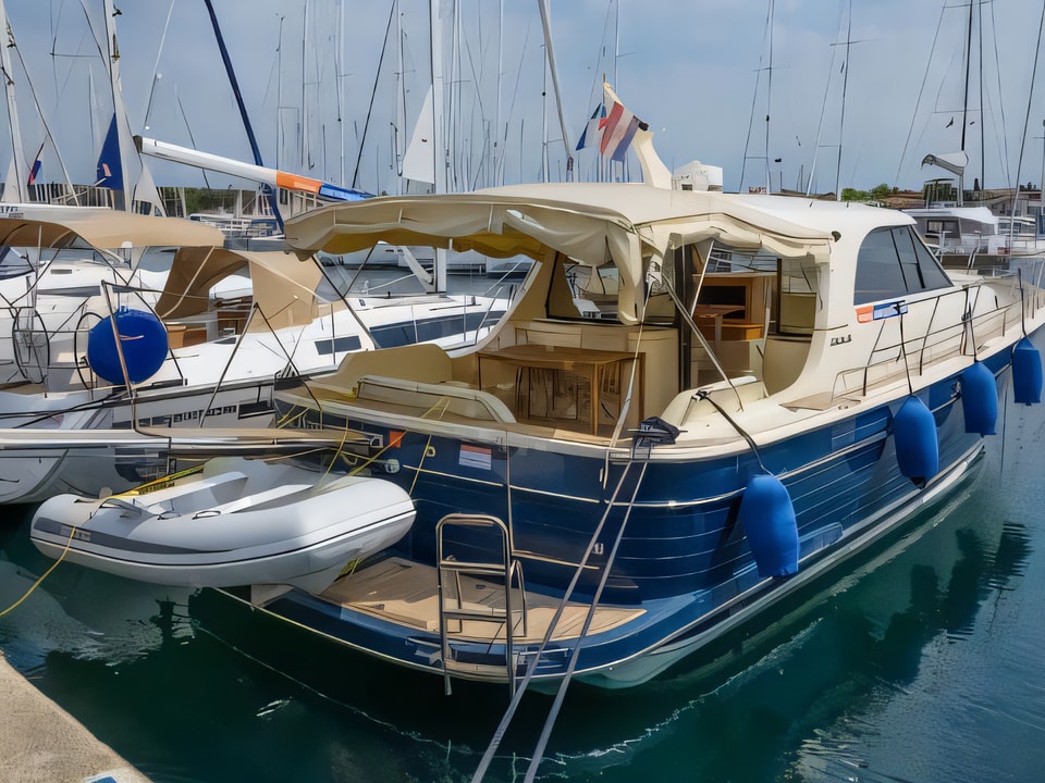 Exterior overview of Adriana 44 motor boat for charter from Biograd Kornati in the Zadar sailing area Croatia