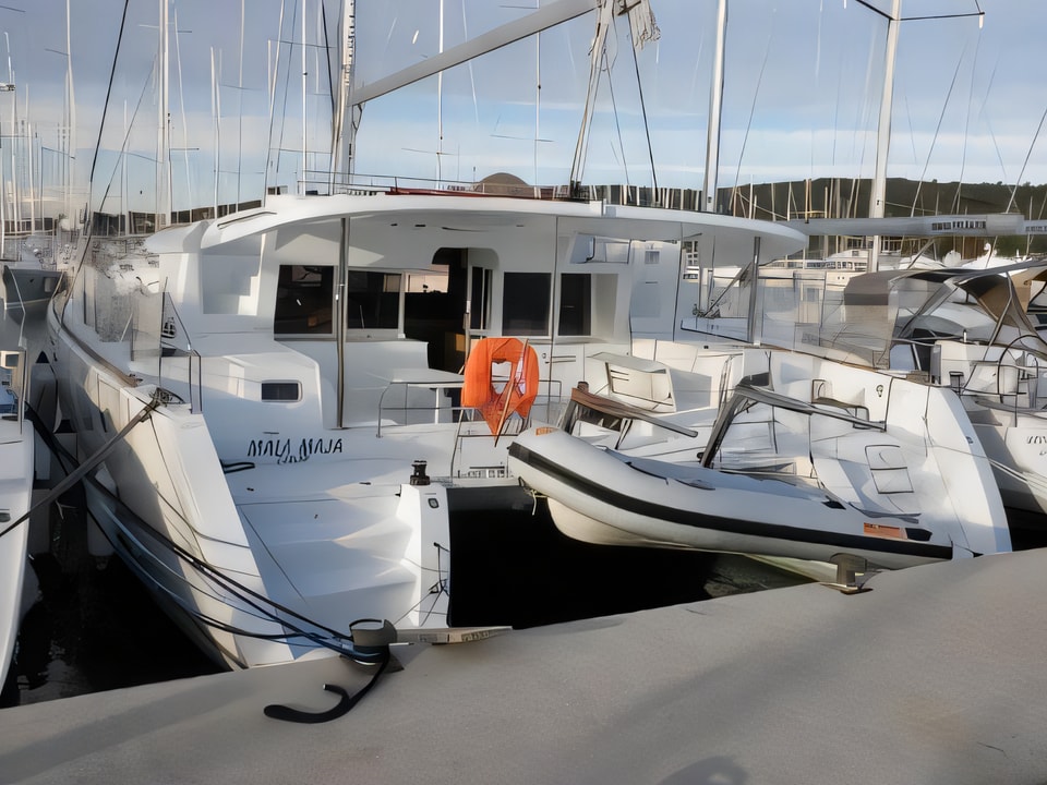 Exterior overview of Lagoon 450 catamaran for charter from Sukosan Marina Dalmacija in the Zadar sailing area Croatia