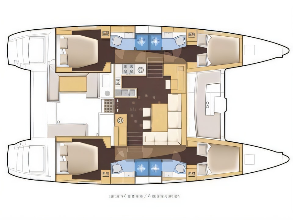 Layout of Lagoon 450 catamaran with 6 cabins Croatia yacht charter