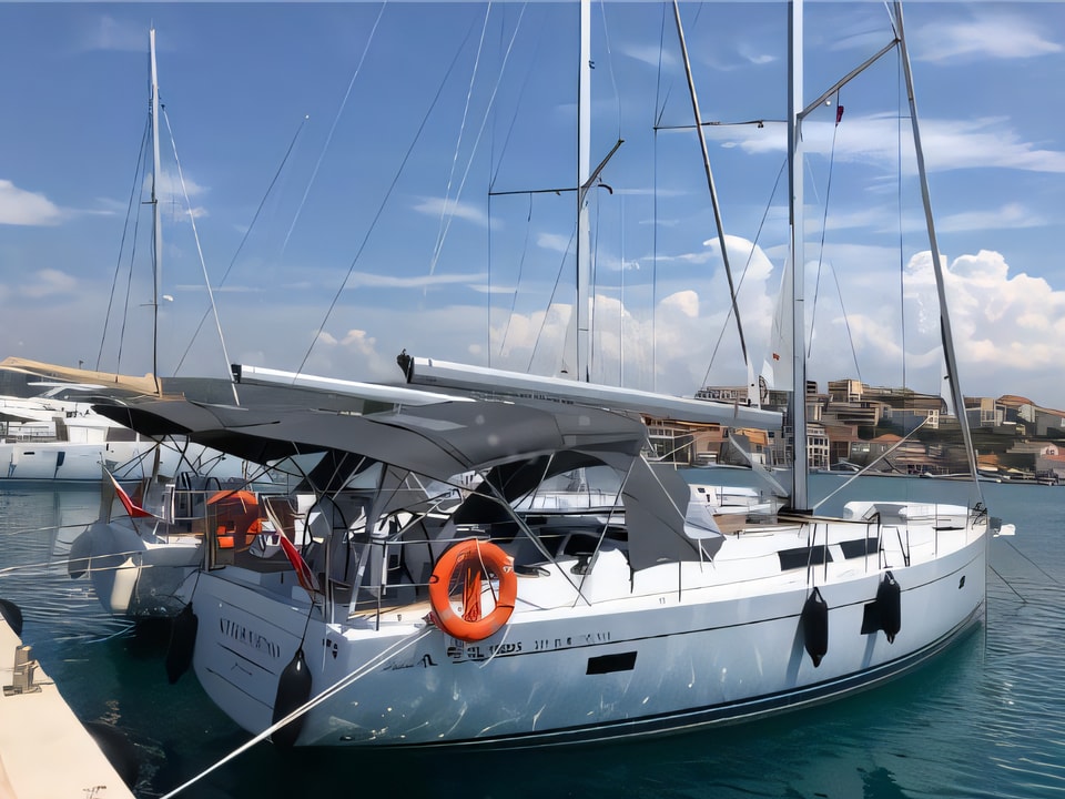 Exterior overview of Hanse 455 sail boat for charter from Rogoznica Marina Frapa in the Sibenik sailing area Croatia