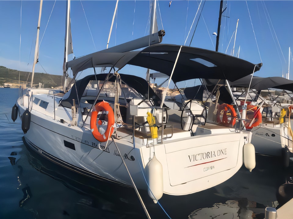 Exterior overview of Hanse 455 sail boat for charter from Rogoznica Marina Frapa in the Sibenik sailing area Croatia