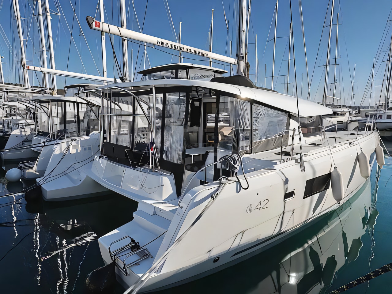 Exterior overview of Lagoon 42 catamaran for charter from Sukosan Marina Dalmacija in the Kornati sailing area Croatia