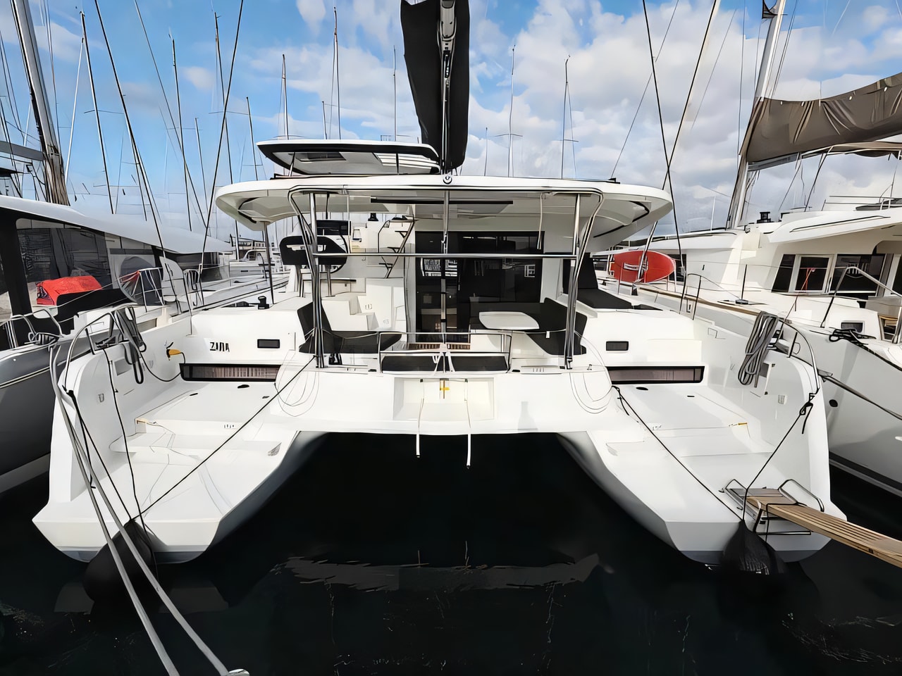 Exterior overview of Lagoon 42 catamaran for charter from Sukosan Marina Dalmacija in the Kornati sailing area Croatia