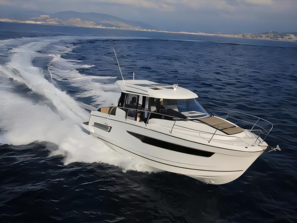 Exterior overview of Merry Fisher 895 motor boat for charter from Pula ACI Marina in the Istria / Kvarner sailing area Croatia