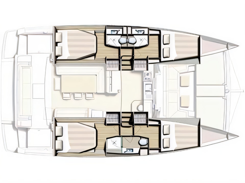 Layout of Bali 4.1 catamaran with 4 cabins Croatia yacht charter