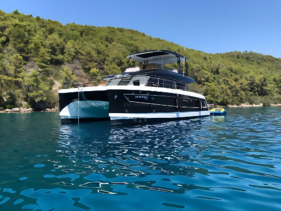 Exterior overview of MY 44 power catamaran for charter from Seget Donji Marina Baotic in the Split sailing area Croatia