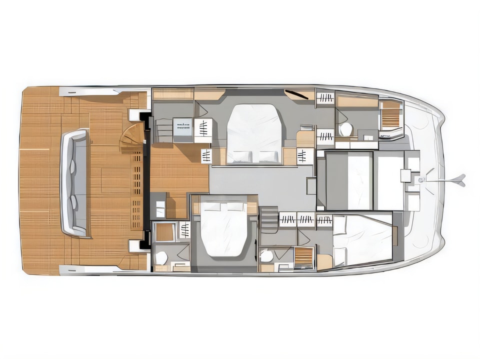 Layout of MY 44 power catamaran with 4 cabins Croatia yacht charter