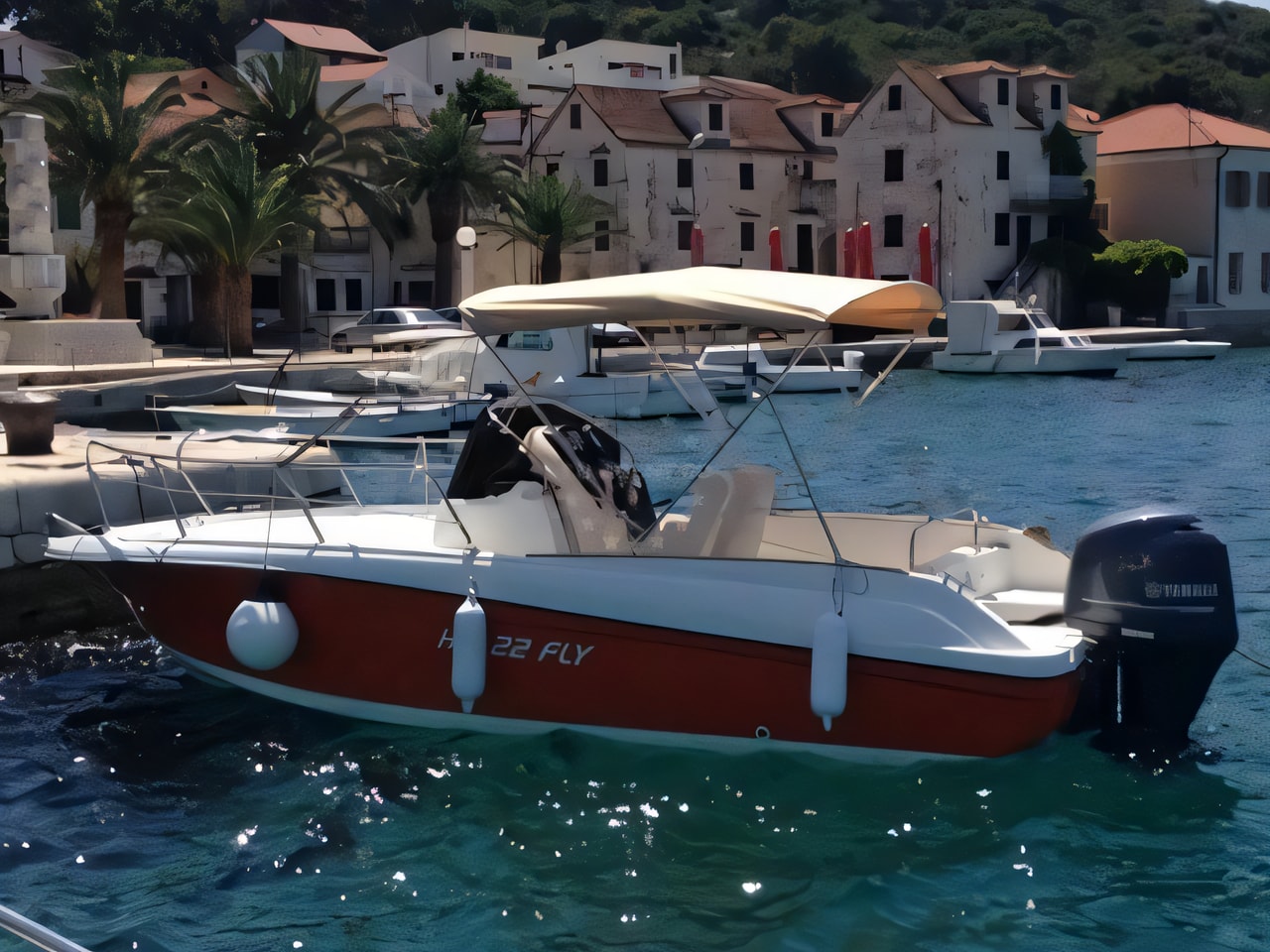 Exterior overview of HM 22 Fly SUNDECK motor boat for charter from SCT Marina Trogir in the Split sailing area Croatia