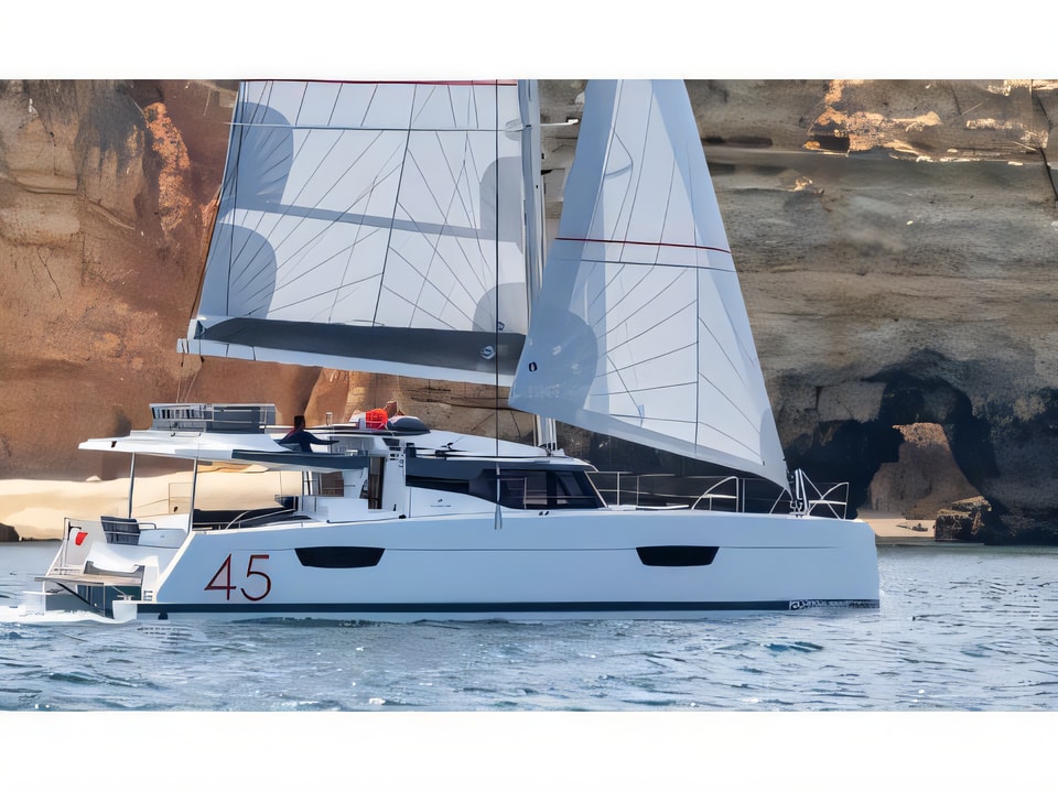 Exterior overview of Elba 45 catamaran for charter from Biograd Sangulin in the Zadar sailing area Croatia