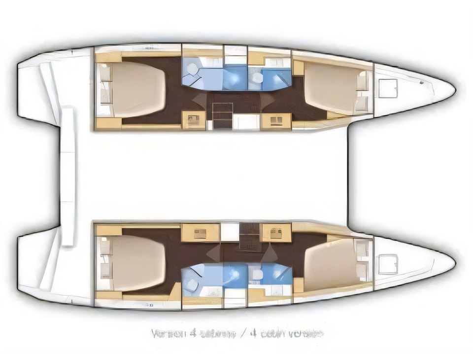 Layout of Lagoon 42 catamaran with 6 cabins Croatia yacht charter