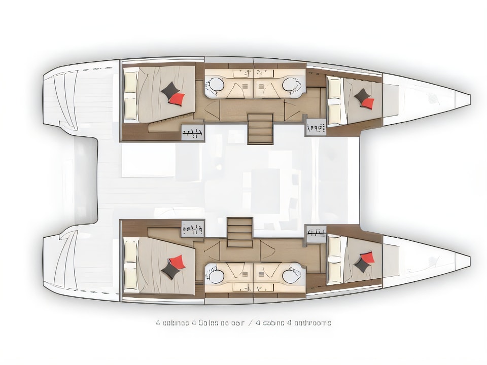 Layout of Lagoon 40 catamaran with 6 cabins Croatia yacht charter