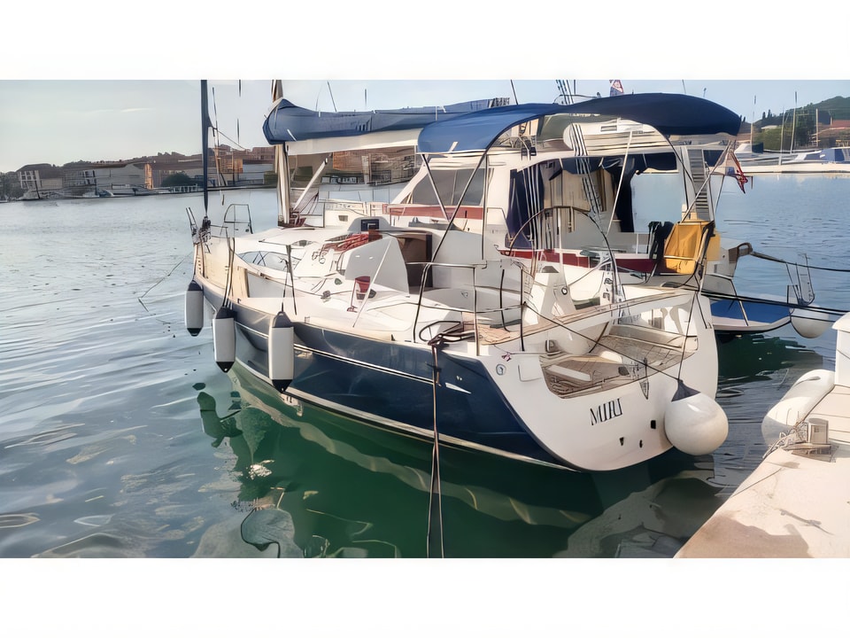 Exterior overview of Elan 340 sail boat for charter from Rogoznica Marina Frapa in the Sibenik sailing area Croatia