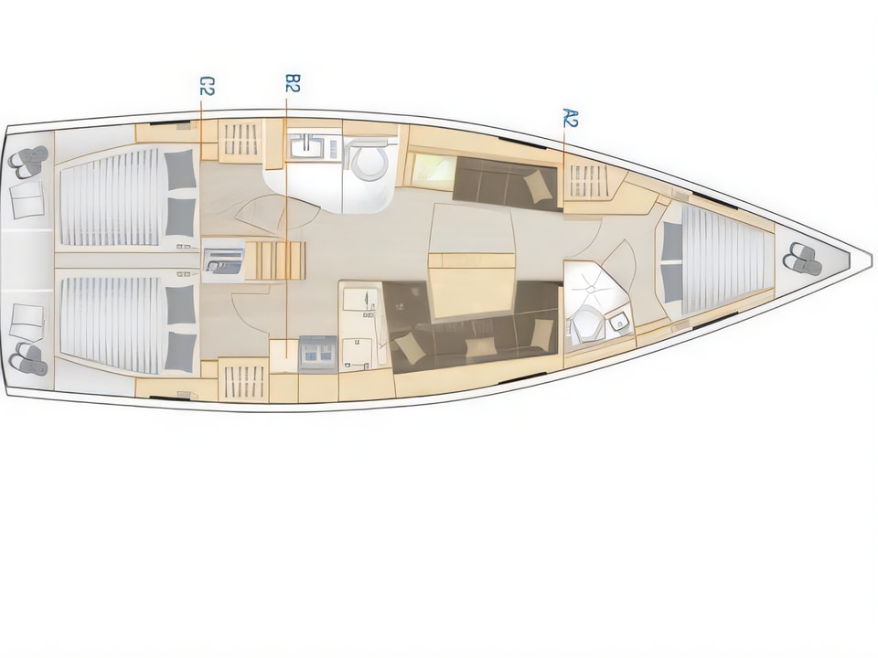 Layout of Hanse 418 sail boat with 3 cabins Croatia yacht charter