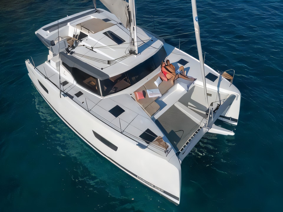 Exterior overview of Astrea 42 catamaran for charter from Biograd Kornati in the Zadar sailing area Croatia