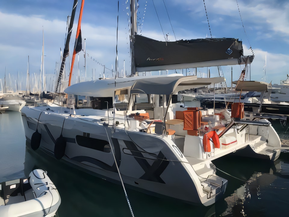 Exterior overview of Excess 12 catamaran for charter from Dubrovnik ACI Marina in the Dubrovnik sailing area Croatia