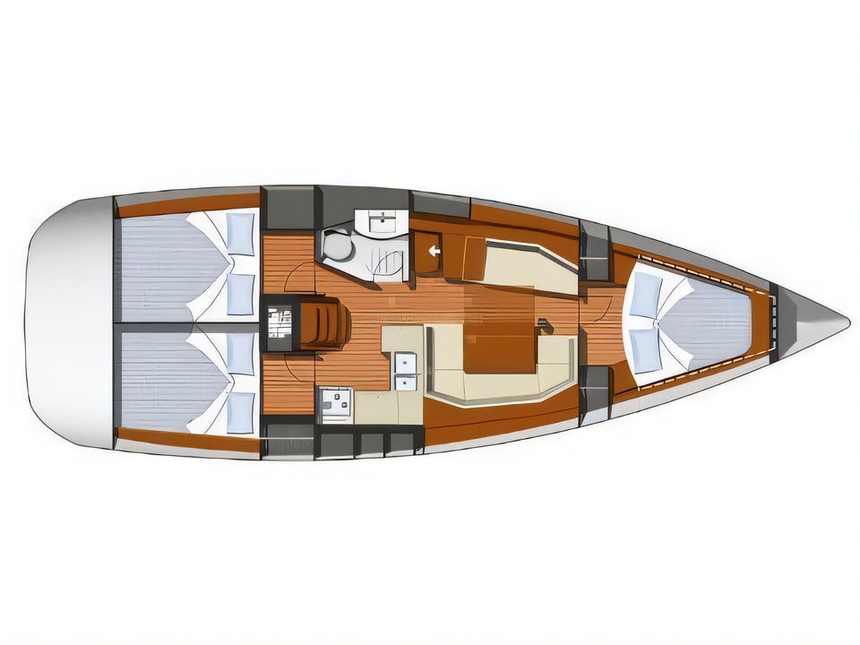 Layout of Sun Odyssey 37 sail boat with 3 cabins Croatia yacht charter