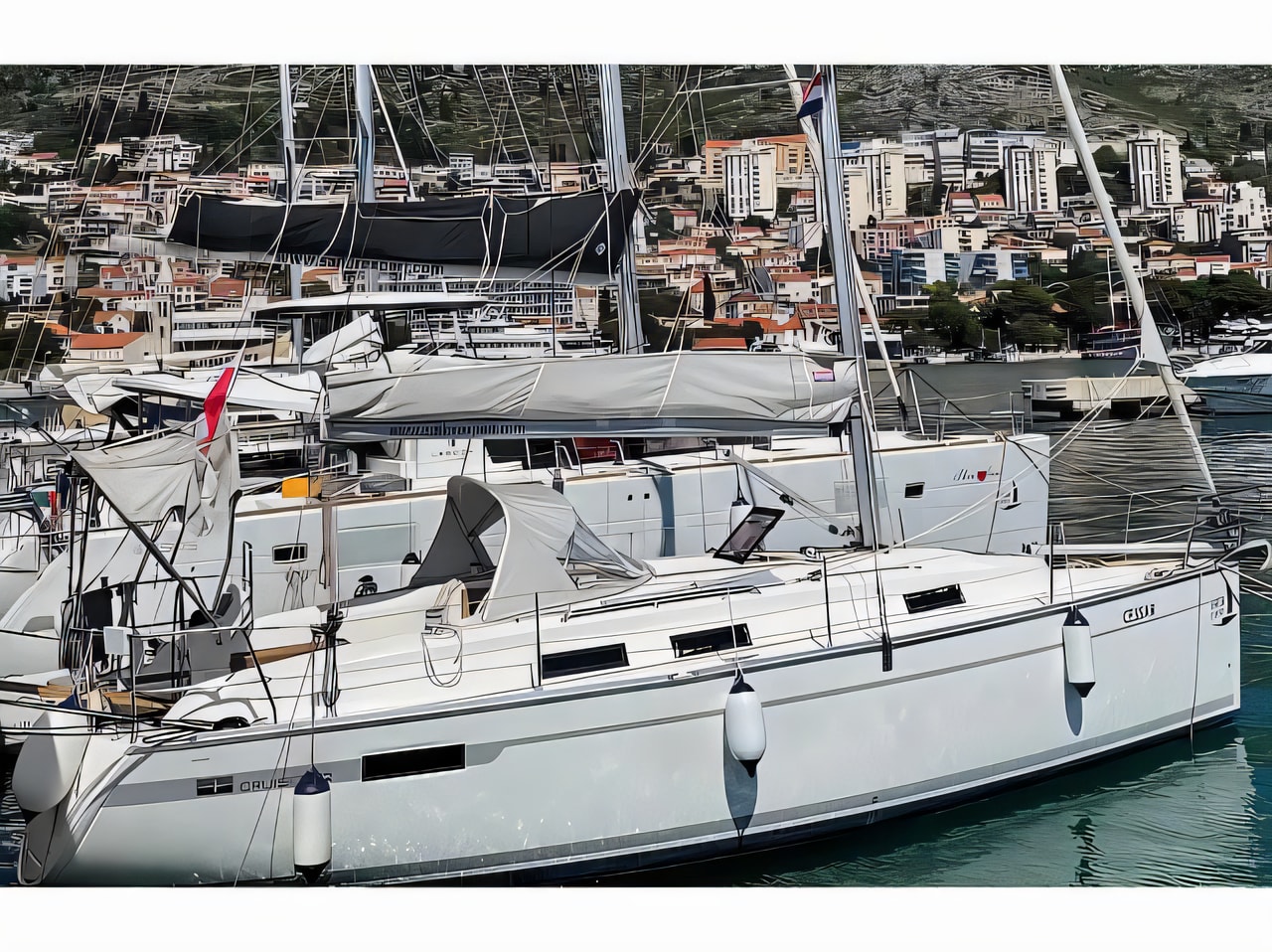 Exterior overview of Bavaria Cruiser 32 sail boat for charter from Dubrovnik Marina Frapa in the Dubrovnik sailing area Croatia