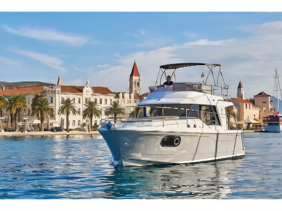 Exterior overview of Beneteau Swift Trawler 30 motor boat for charter from Trogir ACI Marina in the Split sailing area Croatia