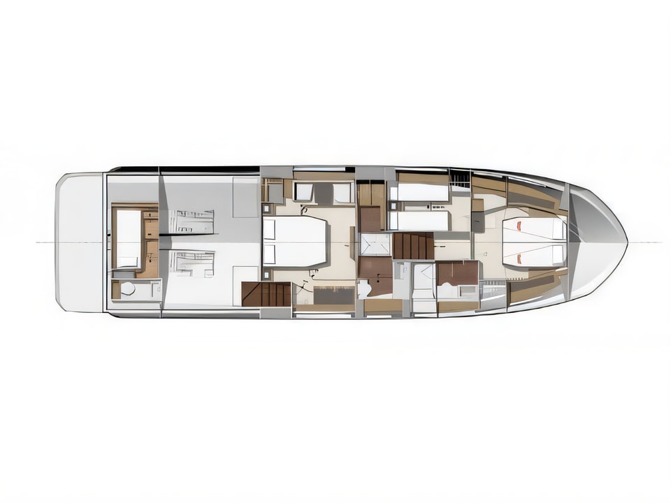 Layout of Prestige 590 Fly motoryacht with 3 cabins Croatia yacht charter