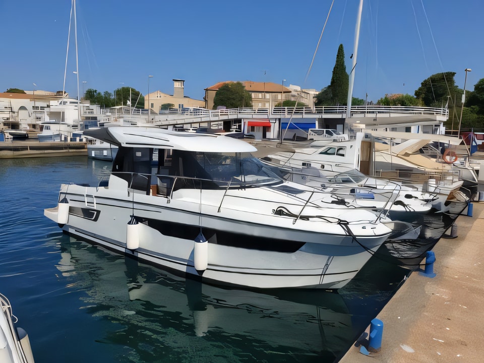 Layout of Merry Fisher 895 motor boat with 2 cabins Croatia yacht charter