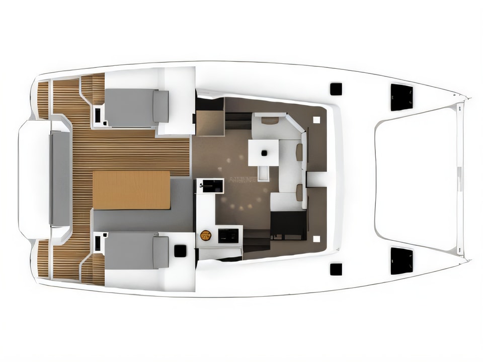 Layout of Aventura 34 catamaran with 3 cabins Croatia yacht charter
