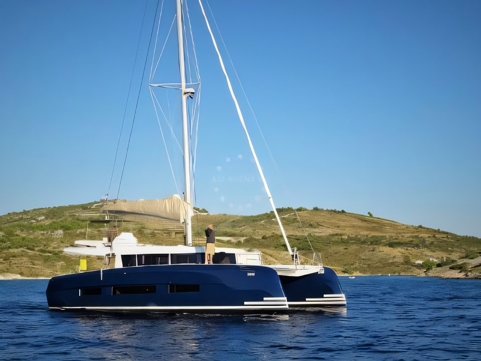 Exterior overview of Dufour 48 Catamaran catamaran for charter from Primosten Marina Kremik in the Sibenik sailing area Croatia