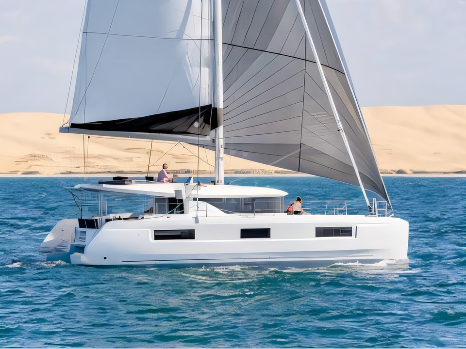 Exterior overview of Lagoon 46 catamaran for charter from Sibenik Marina Mandalina in the Sibenik sailing area Croatia